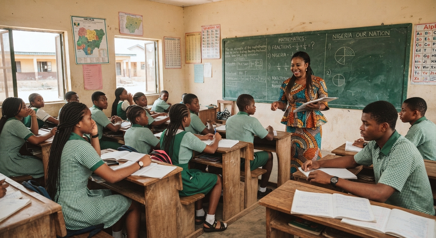A Bridge Academy teacher guiding students through a lesson in a bright classroom